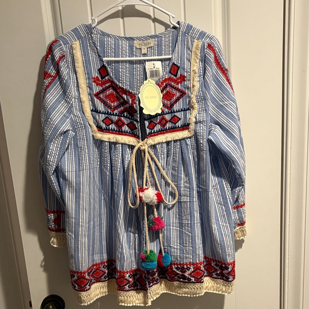 Velzera Blue Striped Blouse with Red Embroidery